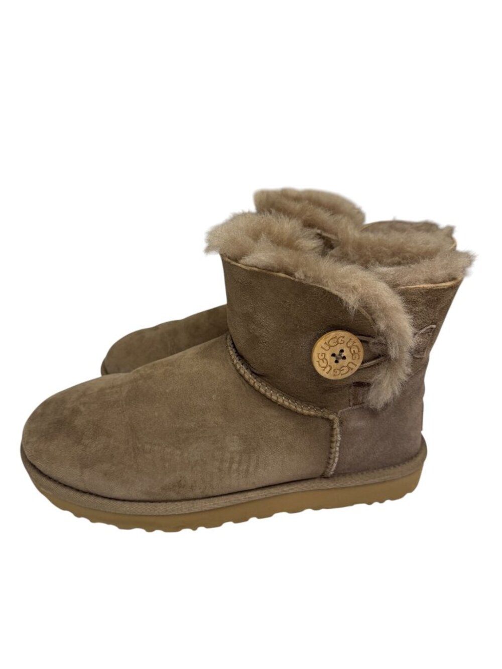 Ugg Mini Bailey Button Boots Suede Shearling Shoes Women Tan Brown 10 - Picture 2 of 11
